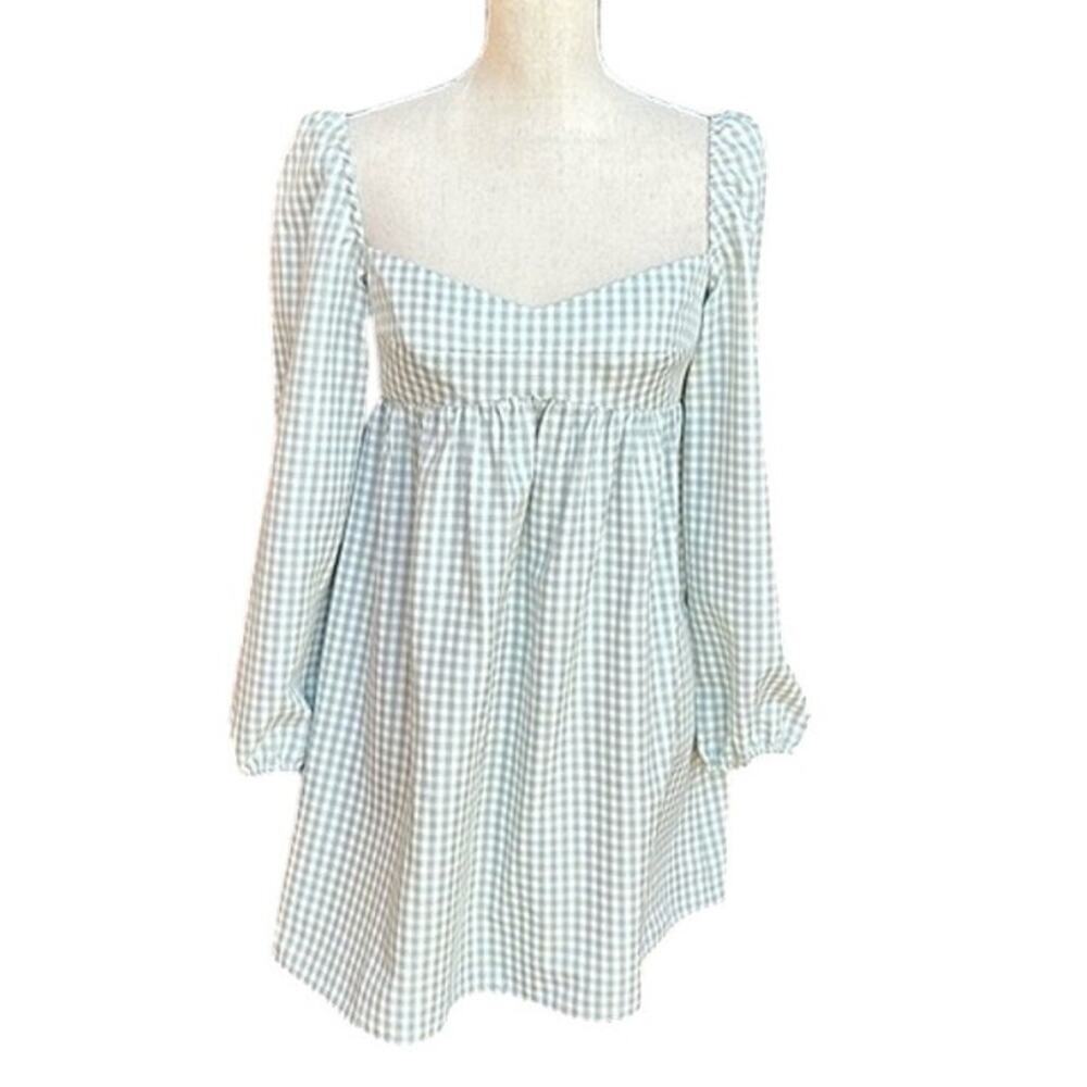 Gianni Bini Kennedy Gingham Babydoll Dress Green Ivory Sweetheart Neck 10 NWT